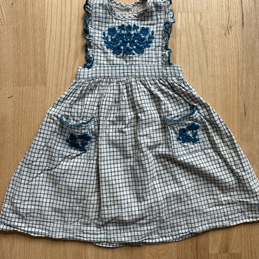 Girls Casual Blue Check Embroidered Dress